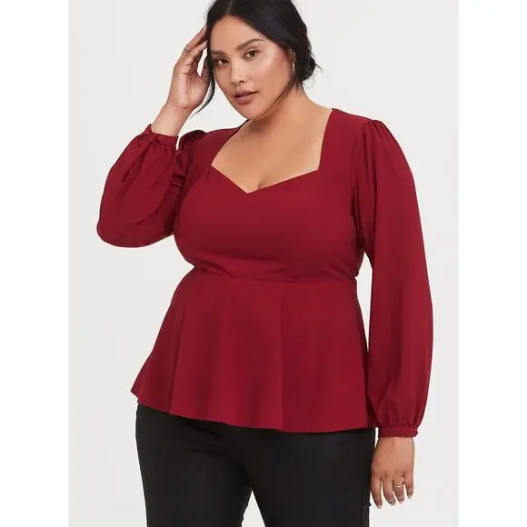 Torrid Womens Crepe Long Sleeve Peplum Blouse Tunic Top Sz 0 US 12 L Biking Red - Picture 4 of 12